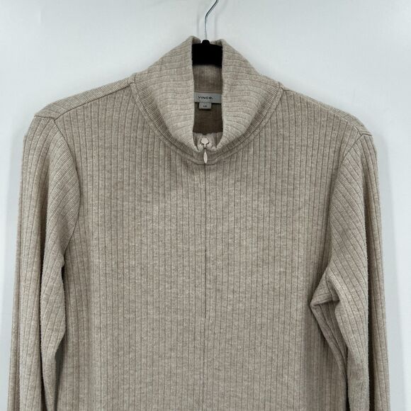 VINCE Women's Beige Cream Ribbed Knit 1/4 Zip Mock Neck Sweater Top Size Large - Picture 5 of 9